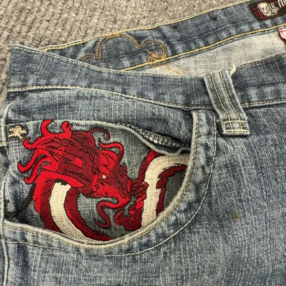 Vintage Miskeen Denim Shorts Men 38 Blue Cotton Baggy Embroidered Y2K Streetwear
